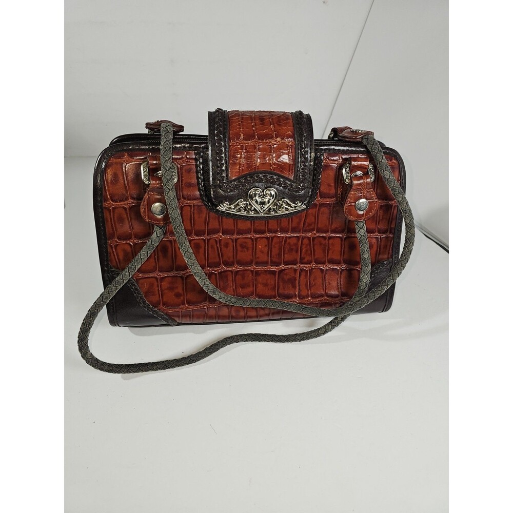 Vtg MC Satchel Handbag Women M Brown Faux Croc Leather 2 Tone Purse Bag Western